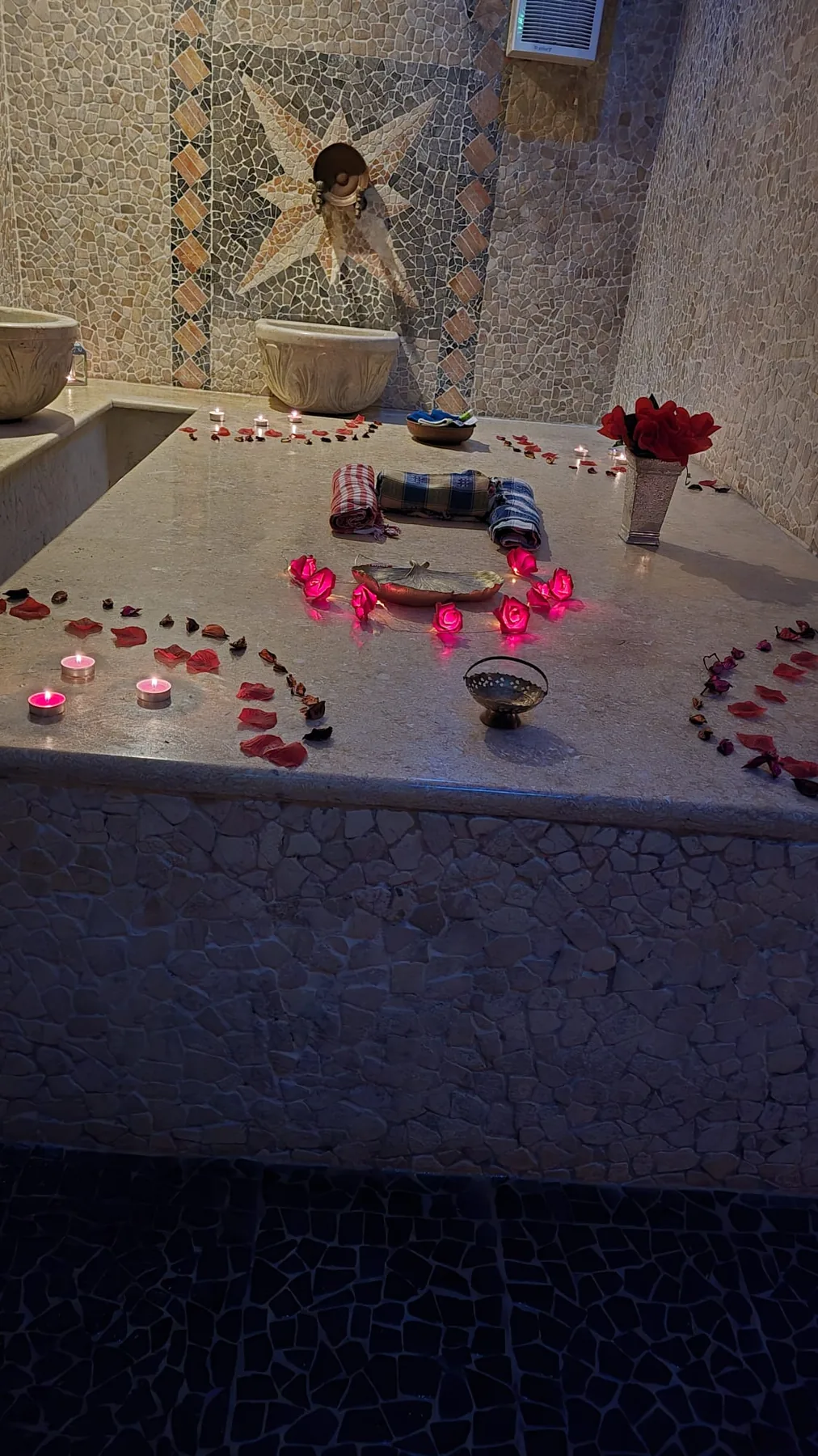 A treatment room prepared with flowers